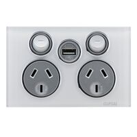 Saturn Series Socket Outlet Twin switched, Assembled, Single USB charger, Horizontal, 240 V, 10 A | Pure White