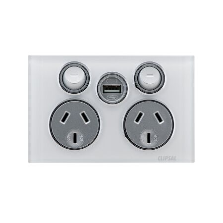 Saturn Series Socket Outlet Twin switched, Assembled, Single USB charger, Horizontal, 240 V, 10 A | Pure White